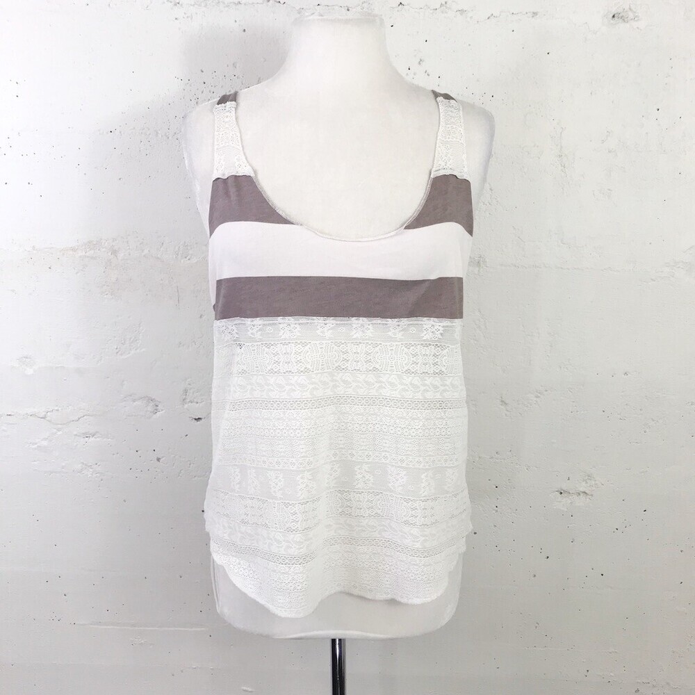 We The Free Lace Inlay Stripe Cotton Raw Hem Scoop Neck Tank Size: Medium